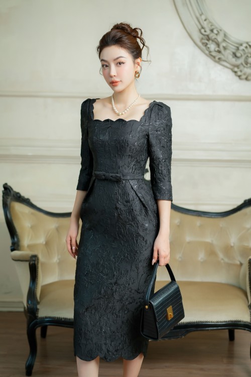 Sixdo Square Neck Midi Brocade Dress